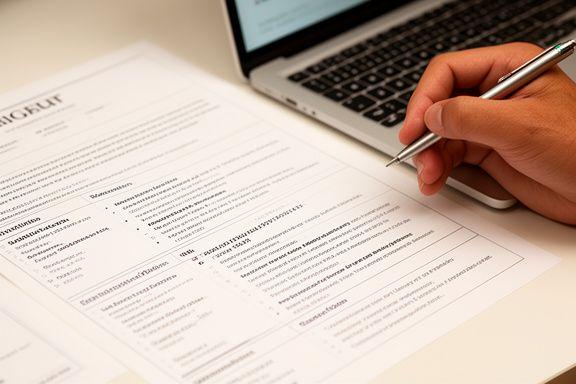 Close-up van een CV-document naast een laptop, met een coach die aantekeningen maakt tijdens een resume review sessie